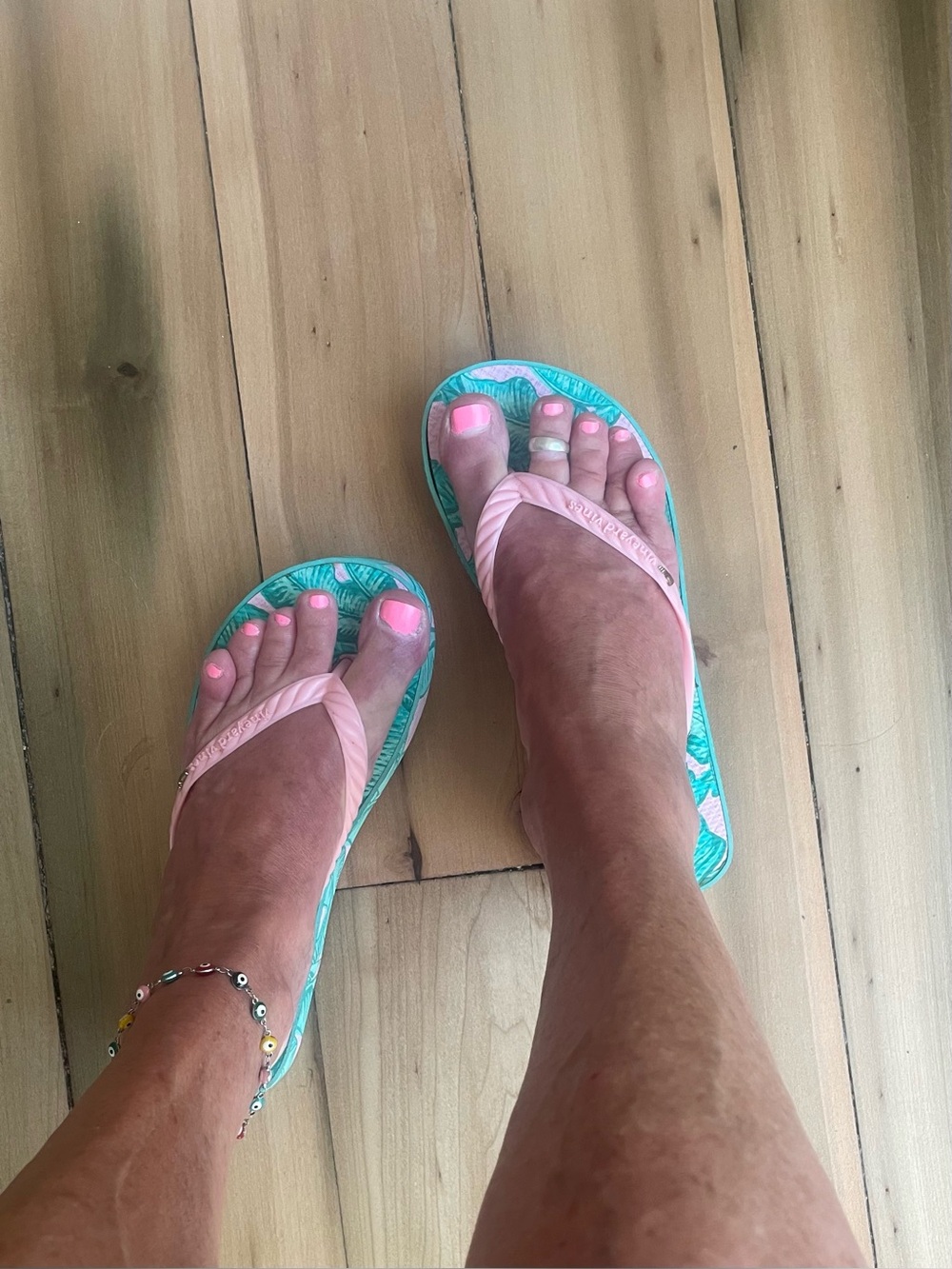 Vineyard Vines Pink Strap Flip Flops with Teal Patterned Footbed